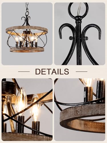 Farmhouse Wood Chandelier Light Fixture - 16 Inch Dining Room Pendant with 5 Bulb Holders - Wood-2