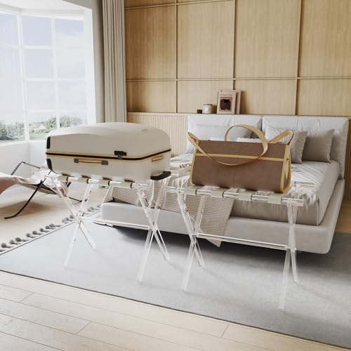 Sumerflos Beige Acrylic Luggage Rack with Leather Straps - Foldable Suitcase Stand for Hotel & Bedroom, Heavy-Duty 50-100 lb