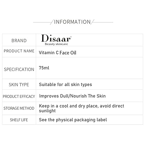 DISAAR Beauty Vitamin C Face Oil Hyaluronic Acid Facial Moisturizing Essence Nourish Skin 75ml/2.5fl.oz (Pack of 2)