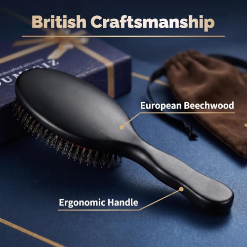 Large Boar Bristle Hair Brush for Thick & Curly Hair - Handmade Wooden Comb