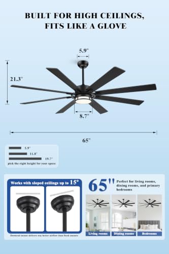 Black 65 Inch Ceiling Fan with Light, 6 Speeds, 3 CCT & Metal Downrod - Large Room Fan