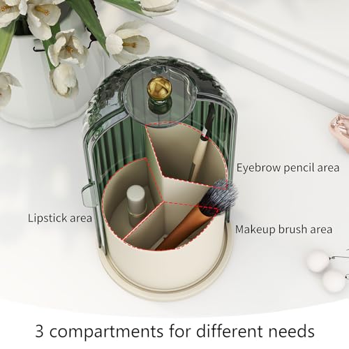 Makeup Brush Holder with Dustproof Cover 360 Rotating Makeup Brush Organizer for Vanity Bathroom, Green