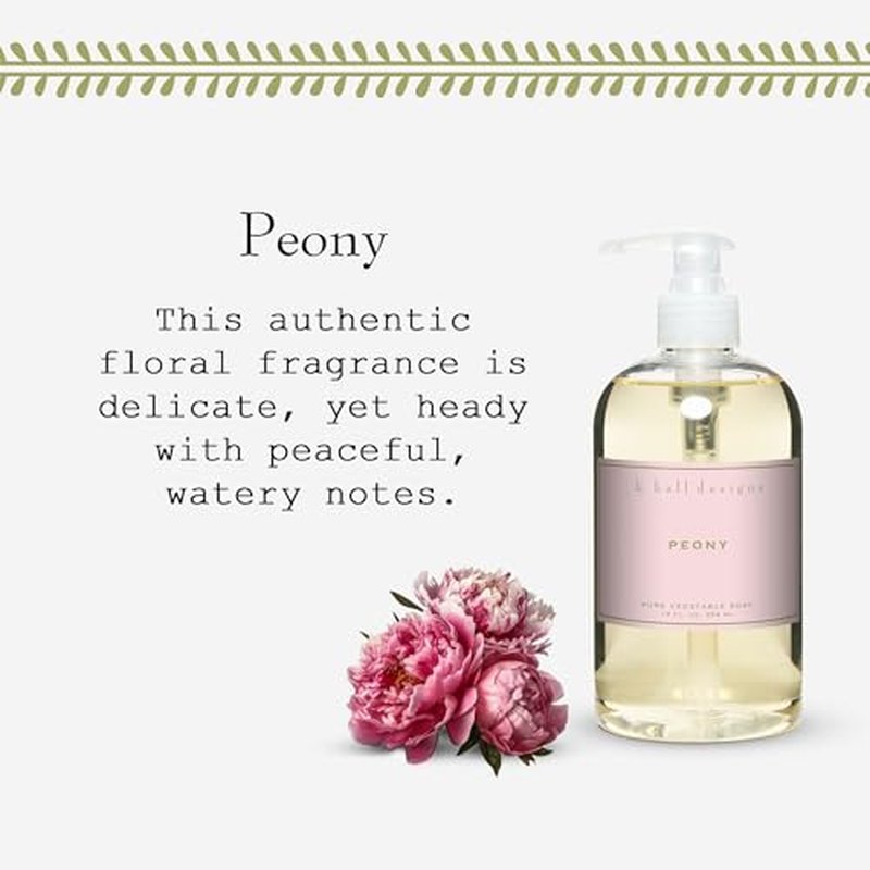 K. Hall Designs Peony Liquid Hand Soap, Delicate Peony Scent with Watery Notes, Natural Liquid Soap for Bathroom & Kitchen, Plant-Based Formula, 12 fl oz