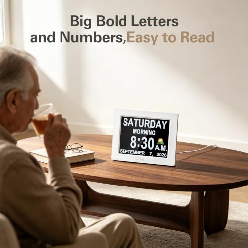 White 12-Inch Digital Calendar Day Clock for Seniors with Auto-Dimming & 12 Alarms