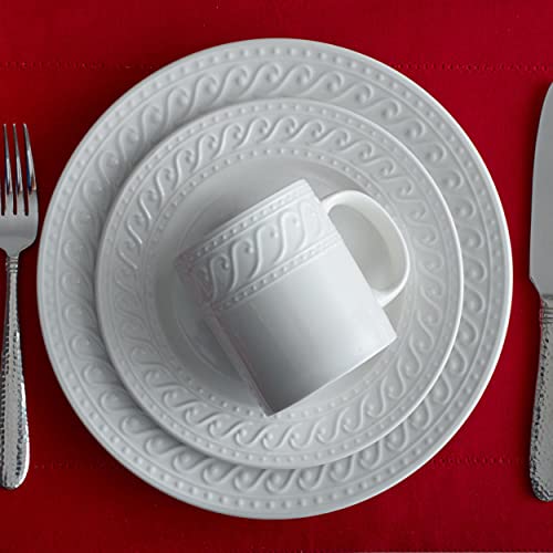 White Porcelain Dinnerware Set for 8 - 32 Pieces with Embossed Scrollwork