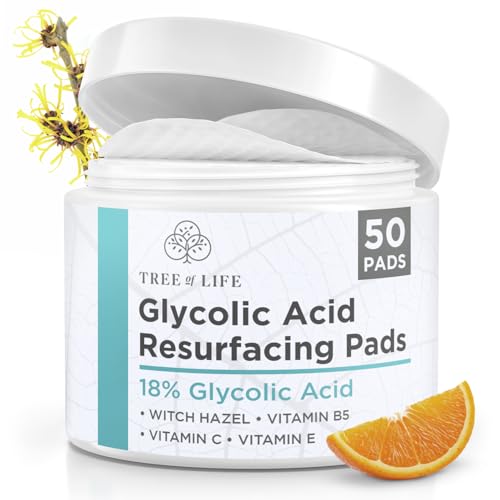 Tree of Life Beauty 18% Glycolic Acid Pads for Face (50 Pads) - Exfoliating Pad for Face with Witch Hazel, Vitamin C, Vitamin B5 and Vitamin E - Smooth Pore Pad Reduce Pigmentation and Fine Lines