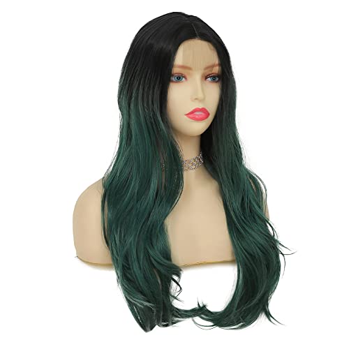 Green Curly Wigs for Women - Long Natural Wavy Ombre Synthetic Hair - Lace Front, Green-Lace Front