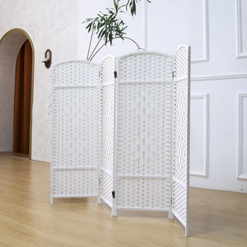 Furnnylane White 4-Panel Rattan Room Divider Short Screen, 47.2" H x 63" W, Foldable & Easy to Set Up