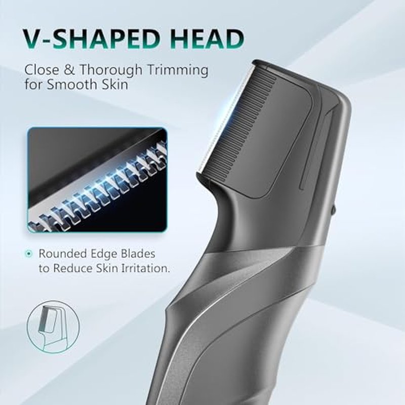 Body Hair Trimmer for Men - Manscape Beard Trimmer for Men, Christmas Gift V-Shaped Trimming Head 2 Comb Attachments Mens Groin & Pubic Hair Trimmer IPX5 Waterproof Wet/Dry Mens Electric Razor (Gray)