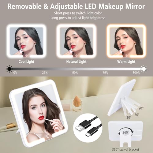 Travel Makeup Bag with Led Mirror Make up Case with Lighted Mirror Cosmetic Organizer bag with Adjustable Dividers and 5X Magnifying Mirror Makeup Box Vanity Case for Women