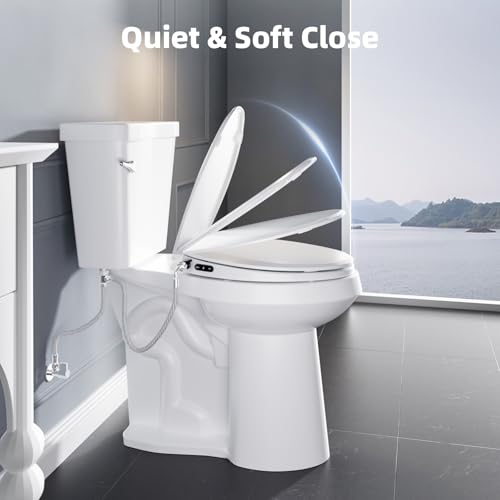 Elongated Bidet Toilet Seat with Soft Close, Button & Knob Control, White, Black Buttons Variation