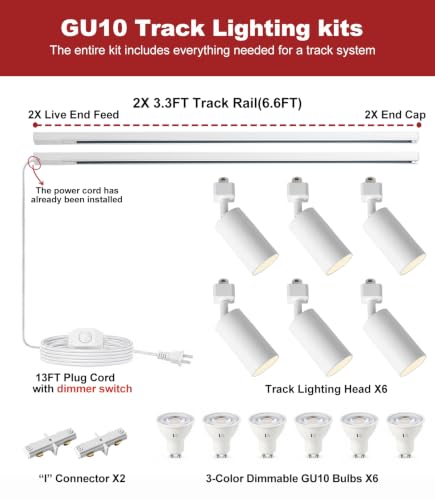 White 6-Light Dimmable Track Lighting Kit with 3-Color Bulbs, Adjustable Spotlights