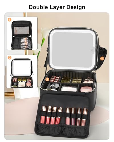 Small Travel Makeup Bag with LED Mirror - 2 Layers, Black (Variation 01-Black / 1-Small)
