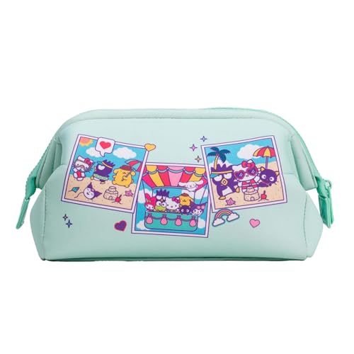 Impressions Vanity Hello Kitty and Friends Vacay Cosmetic Pouch for Women, Vacation Print Artwork Travel Makeup Bag Organizer with 2 Inner Pocket, Metal Zipper Faux Leather Handheld Purse (MInt)
