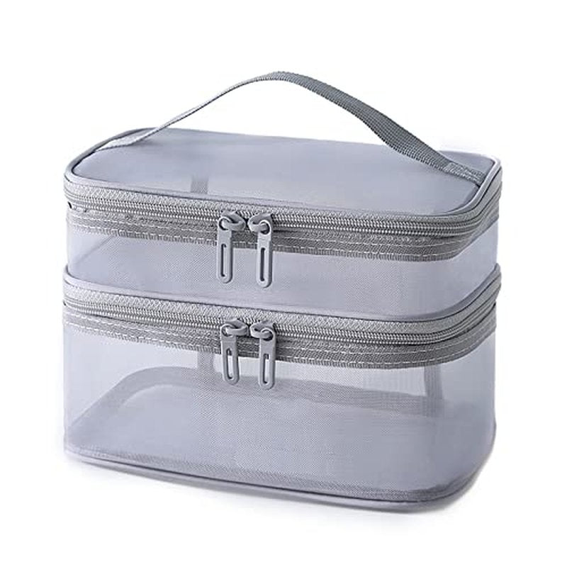 Double Layer Makeup Bag, Large Mesh Travel Cosmetic Pouch with Double Zipper, Vertical Make up Bag, Multifunctional Toiletry Bag for Makeup Brushes (Gray)