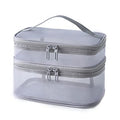 Double Layer Makeup Bag, Large Mesh Travel Cosmetic Pouch with Double Zipper, Vertical Make up Bag, Multifunctional Toiletry Bag for Makeup Brushes (Gray)