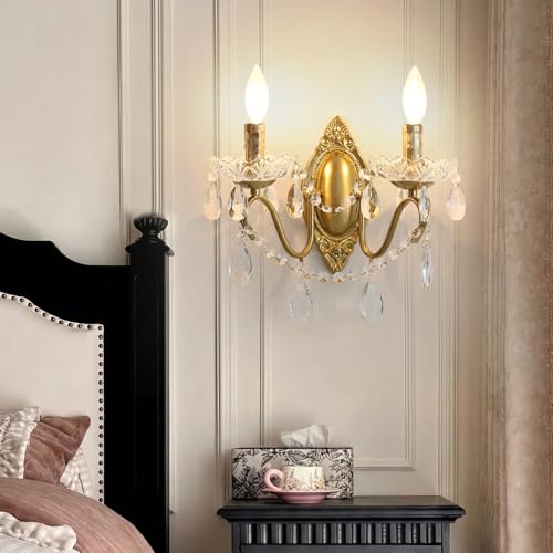 14-Inch Vintage Crystal Wall Sconces Set of Two - Bright Gold Finish with Bulbs