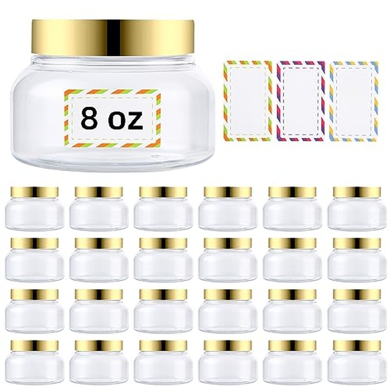 48 Pack 8 Oz Plastic Containers With Lids and Waterproof Label BPA Free - Refillable Transparent Cosmetic Containers for Body Butter,Sugar Scrubs,Cream,Lotions,Candy,Bath Salt (48, Gold)