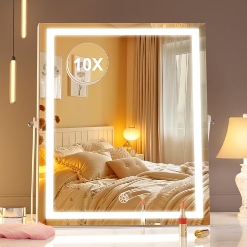 Hasipu Vanity Mirror with Lights, 11.4" x 13.8" LED Makeup Mirror with 10X Magnification, Smart Touch 3 Colors Dimmable, Brightness Adjustment, 360¡Æ Rotation, White