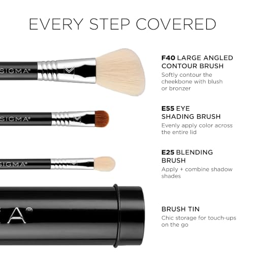 Travel Makeup Brush Set - 3 Pc Essential Synthetic Bristle Brushes with Case - Black