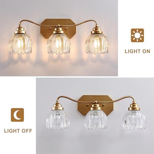 Brushed Gold 3-Light Vintage Vanity Lights with Clear Glass Shades - Antique Brass Finish