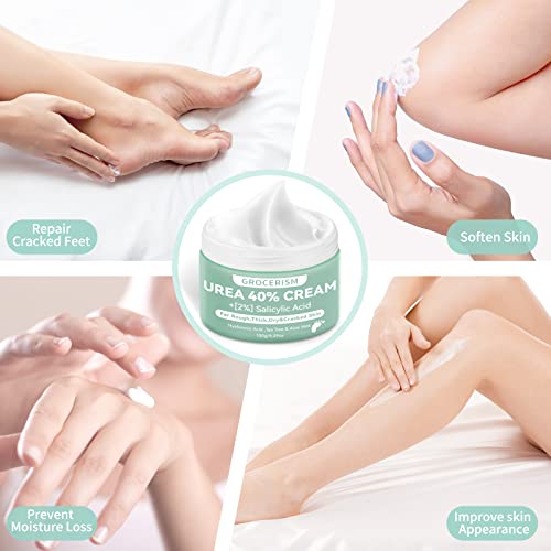 Grocerism 2 Packs Urea Cream 40% Plus 2% Salicylic Acid 5.30 oz || Foot Cream Maximum Strength with Hyaluronic Acid, Tea Tree, and Aloe Vera for Deep Moisturizes, Callus Remover and Soften