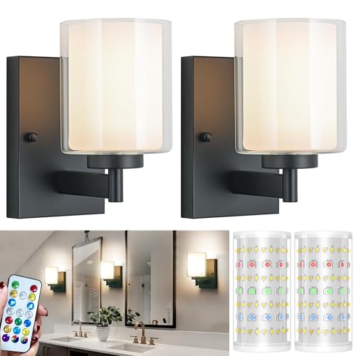 Wireless RGB Dimmable Wall Sconce Set of 2 with Remote - Black | Rechargeable Bathroom & Mirror Lighting