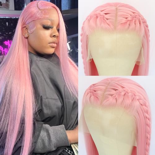 A-Light Pink Synthetic Lace Front Wig Long Straight Hair Natural Hairline Glueless Heat-Resistant Fiber for Women