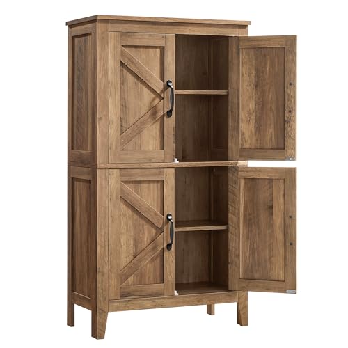 VASAGLE Farmhouse Storage Cabinet with 4 Barn Doors, Adjustable Shelves, Honey Brown, 11.8 x 23.6 x 43.3 inches