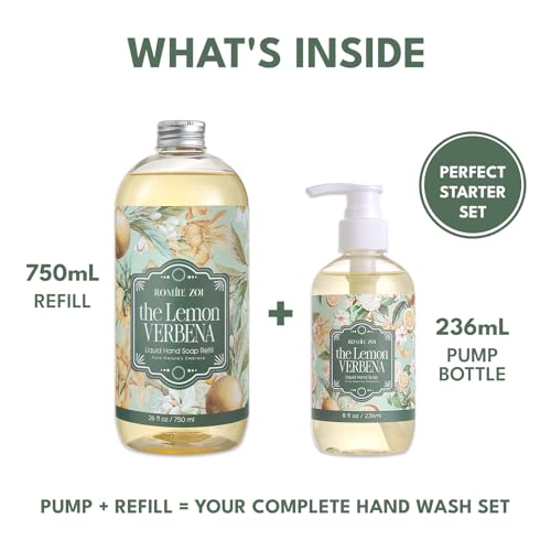 ROMIIE ZOI Hand Soap Gift Set, 750ml Refill + 236ml Liquid Soap, Cruelty-Free, Moisturizing Formula with Essential Oils For Sensitive Skin, Lemon Verbena Scent, For Kitchen & Bathroom