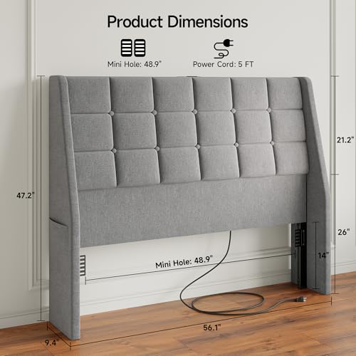 Gray Full Size Headboard with Charging Station, Wingback Ergonomic Design - ComfyCorner
