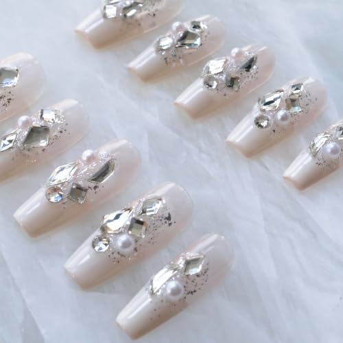 GLORS Splendid French Milky White Press-On Nails with Full Rhinestones, 10pcs (Small) – Light Luxury