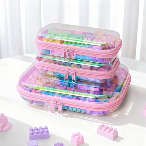 Clear Hard Shell Zipper Case Set - Laser Pink 3 Pcs, Portable Cosmetic & Organizing Bags