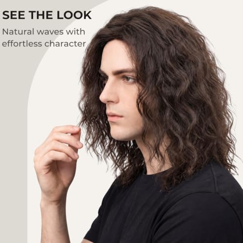 Mens Brown Wavy Wig - Medium Length Natural Look Middle Part Cosplay Costume