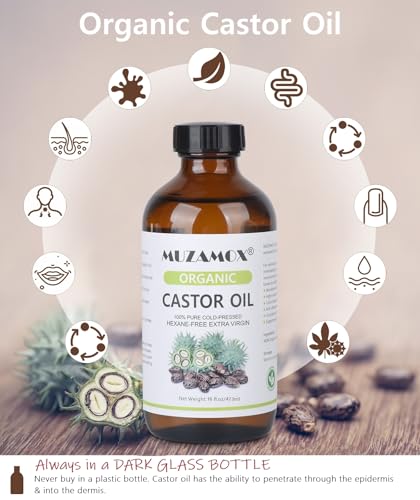 Organic Cold Pressed Castor Oil 16 Fl Oz in Glass Bottle - Pure, Hexane Free, For Hair, Skin & Castor Pack - MUZAMOX