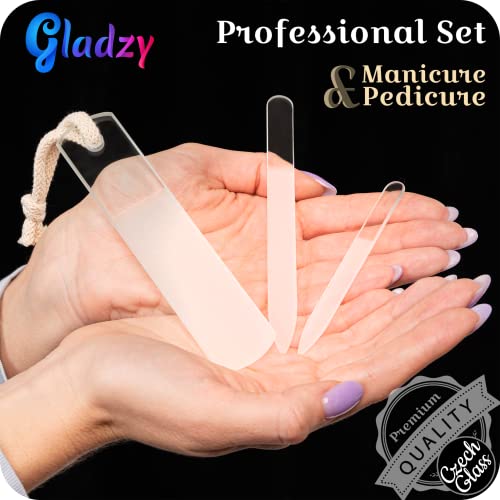 GLADZY Glass Nail File Set ? Czech Crystal Nail Files for Natural Nails, Glass Foot File Callus Remover, Professional Manicure & Pedicure Kit for Fingernails & Toenails with Case and Towel, Made in EU