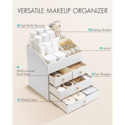 VLANDO Makeup Organizer Countertop,Large Vanity Organizer PU Leather Make up Storage with 4 Drawers Skin care Organizer Cosmetic Display Case for Lipstick,Brushes,Bedroom-White