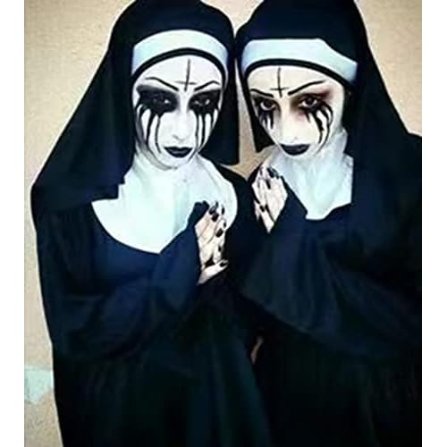 Saturey Halloween Nun Costume Accessories Set, with Nun Temporary Rhinestone Temporary Face Tattoo for Halloween Festival Rave Party Outfit for Halloween Cosplay Party, black, M
