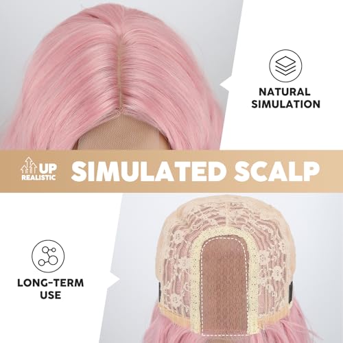 Pink Wavy Costume Wig for Women - 18-Inch Synthetic Hair, Halloween & Party Use - Pink