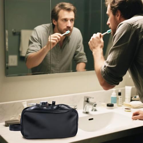 Mens travel toiletry bag Gift For Men, PU Leather Cosmetic Bag Water Resistant Dopp Kit Shaving Pouch Bathroom Toiletries Organizer(Black)