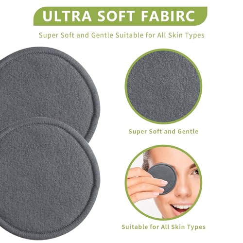 Reusable Cotton Rounds, 100% Natural Bamboo Cotton Pads for Face|Reusable Makeup Remover Pads with Laundry Bag,Headband and Cotton Round Holder (Gray)