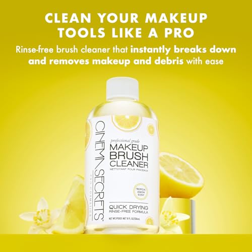 CINEMA SECRETS Original Makeup Brush Cleaner Solution & Spray Combo - Professional Cleanser for Makeup Brushes - Quick-Drying & Rinse-Free - Removes Built-Up Make Up - Lemon (16 fl oz & 2 fl oz)