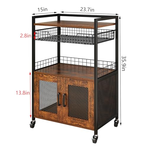 Large Coffee Bar Cabinet on Wheels with 3 Tiers, Wire Basket Drawer & Hooks