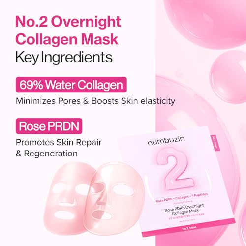 numbuzin No.2 Overnight Face Mask | Rose PDRN Overnight Collagen Mask | Korean Glass Skin Essential | Elasticity, Hydrating, Firming, Enlarged Pores | Collagen, Peptides, PDRN | 37g, 4ea