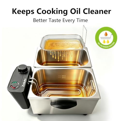 ZALUKV 7.4QT Dual Tank Electric Deep Fryer with Oil Filtration & Viewing Window