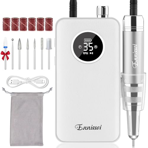 Nail Drill Professional 35000RPM, Cordless Electric Nail File Drills para U?as, Portable Rechargeable E File 7 Bits Manicure Pedicure Kit for Acrylic Nails Gel Remover Salon Home Tools, White