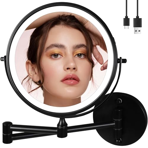 9" Large Black Wall Mount Magnifying Mirror With Light, TUSHENGTU 3000mAh Rechargeable Lighted Makeup Vanity Mirror Wall Mounted Swing Arm,10X/1X Magnifying Vanity Mirror for Bathroom 360¡ÆDouble Sided
