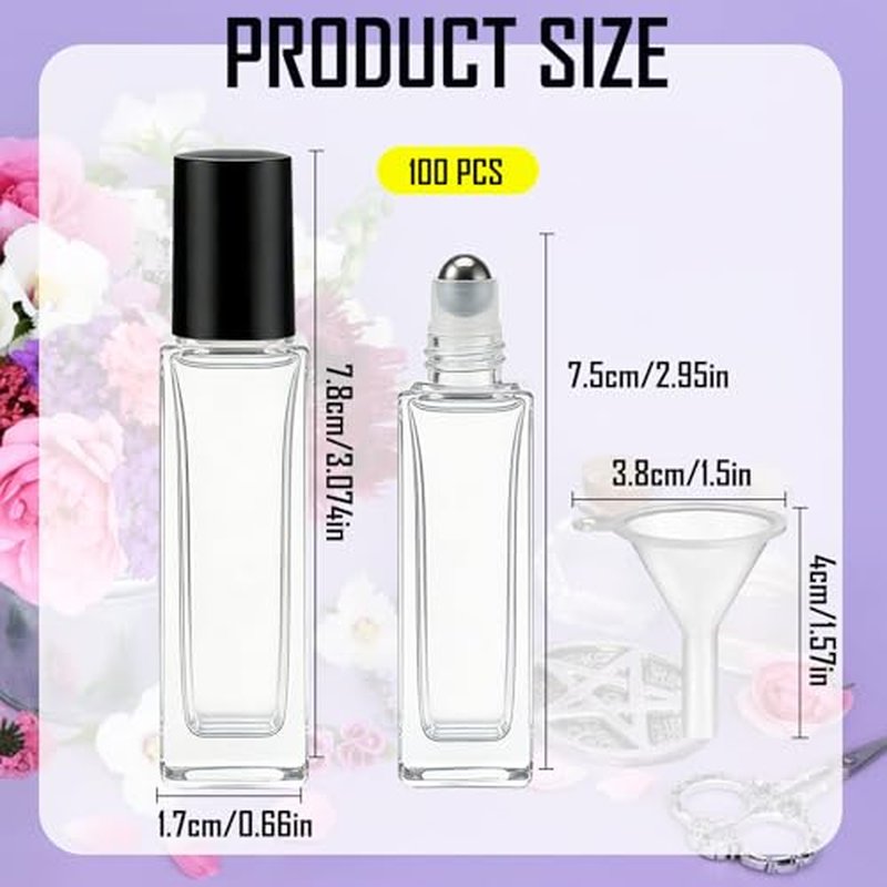 100 Pcs 10 ml Roller Bottles for Essential Oils, Square Thick Empty Glass Roller Bottles with Stainless Steel Roller Balls Protection Leakproof with 5 Funnel for Travel, Black