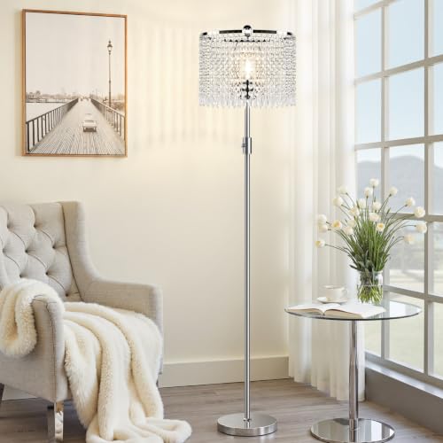 Dimmable Crystal Floor Lamp with Chrome-Clear Shade, LED Bulb Included, Tall Silver Standing Lamp for Living Room Bedroom Office