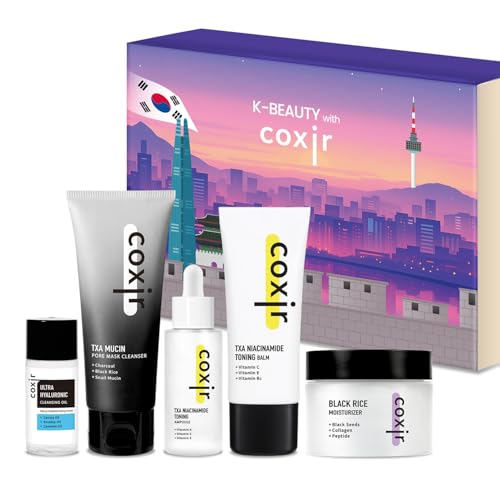 [New Years Gift Set] coxir K-Beauty Seoul Glow Set ? 5-Step Korean Skincare Routine with TXA & Black Rice ? Cleansing oil, Mask Cleanser, Ampoule, Balm & Moisturizer,korean skincare,Holiday Gift
